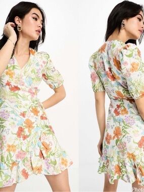 & Other Stories Floral Puff Sleeve Mini Dress in Cream with Orange, Pink & Green